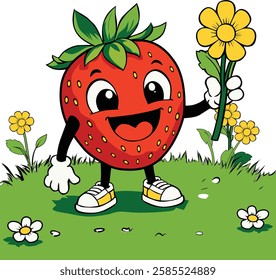 A cheerful strawberry character, surrounded by blooming flowers and grass in a cute, vibrant cartoon style. This vector illustration is perfect for use in designs related