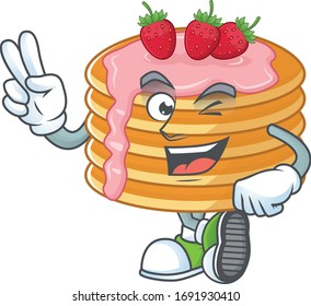 Cheerful strawberry cream pancake mascot design with two fingers