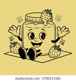 Cheerful Strawberry Jam Jar Character with Bees – Whimsical Cartoon Food Illustration for Packaging, Kids Content, and Decor