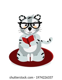 A cheerful striped Bengal tiger sits and reads a book with glasses, the symbol of 2022. Vector illustration, isolated on a white background, drawn by hand. For printing children's T-shirts, postcards,