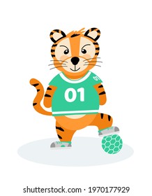 A cheerful striped tiger football player in a sports uniform, the symbol of 2022. Vector illustration isolated on a white background drawn by hand. For printing children's T-shirts, postcards, posters
