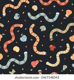 Cheerful striped worms and fruits on dark background. Vector seamless pattern