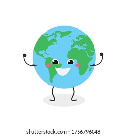 Cheerful strong cartoon Earth planet character. Vector flat illustration isolated on white background