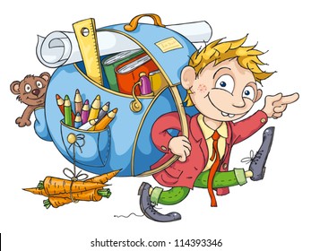 Cheerful student with a big backpack goes to school.