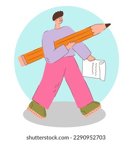 Cheerful student with a big pencil in his hands.School education. Flat illustration in flat style. Vector