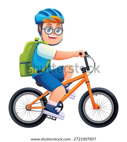 Cheerful student boy with backpack and safety helmet riding bike to school. Vector cartoon character illustration