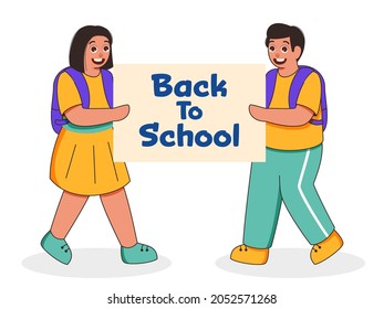 Cheerful Student Boy And Girl Holding Board Of Back To School Message On White Background.