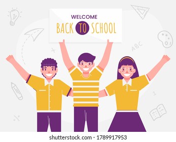 Cheerful Student Boys and Girl Holding Message Board Of Back To School And Education Supplies Elements Decorated White Background.