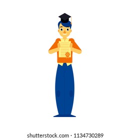 Cheerful student graduate man standing in university cap holding diploma graduation certificate smiling. Male character with education degree. Vector isolated illustration