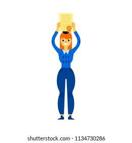 Cheerful student graduate woman in university cap standing holding diploma graduation high above head in hands smiling. Beautiful female character with education degree. Vector isolated illustration