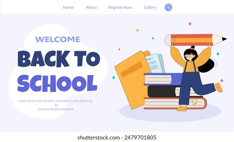 Cheerful Student Holding Giant Pencil with Stack of Books and School Supplies. Back to School Concept. vector Illustration