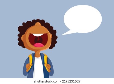 
Cheerful Student Next to Speech Bubble Vector Cartoon Illustration. Funny schoolboy explaining and communicating speaking his mind
