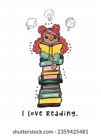 Cheerful student on a stack of books, immersed in the joy of reading. A playful hand-drawn banner captures the essence of back to school excitement