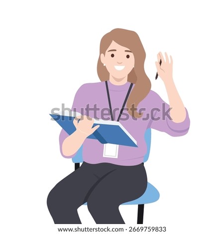 Cheerful student sitting on a chair, holding a notebook and raising her hand with a pen. Flat vector illustration isolated on white background