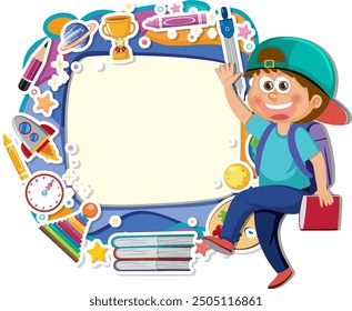 Cheerful student surrounded by school supplies