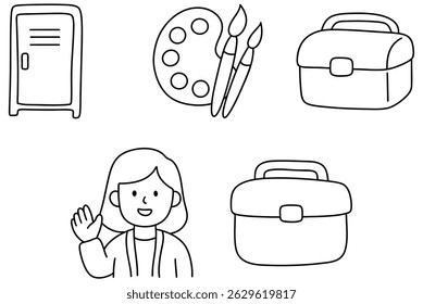 A cheerful student waves back to school, surrounded by art supplies and backpack, ready for creative year ahead
