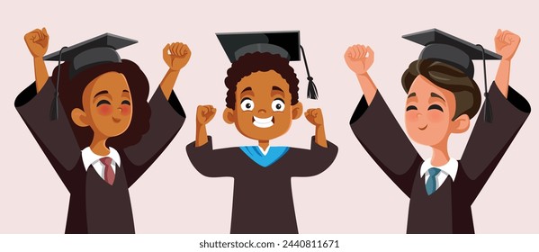 
Cheerful Students Celebrating Graduation Vector Cartoon Illustration. Excited graduates feeling successful for academic achievement 
