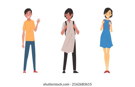 Alegres estudiantes de diferentes nacionalidades ponen ilustración vectorial de dibujos animados