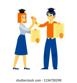 Cheerful students graduate woman and man standing holding diploma graduation in hands giving high five smiling. Beautiful character with education degree. Vector isolated illustration