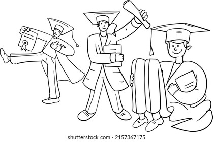 Cheerful students in a linear doodle style on a white background. Illustration of graduates in master's robes with a diploma. Simple characters of students. Stock vector image of scientific staff.
