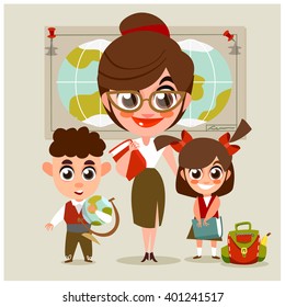 Cheerful students on lesson. Teaching. Vector illustration. Best teacher.