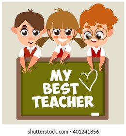 Cheerful students on lesson. Teaching. Vector illustration. Best teacher.