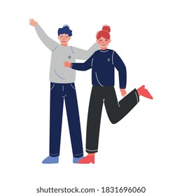 Cheerful Students Posing Together, Boy and Girl Teenagers Characters Vector Illustration