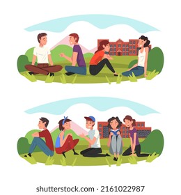 Cheerful students sitting on green lawn of campus set. Boys and girls sitting in front of school, university or college building cartoon vector illustration