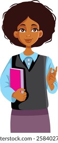 
Cheerful Studious Woman Holding a Textbook Vector Character Design. Happy teacher holding literature book smiling with kindness 
