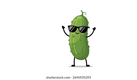 Um personagem de pepino animado alegre e elegante, com óculos escuros frios e braços levantados expressivos, posa alegremente contra um pano de fundo branco limpo.