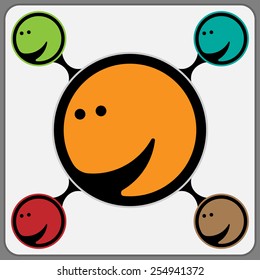 cheerful stylized face in orange and other colors