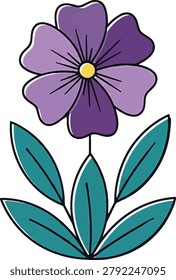 A cheerful, stylized purple flower with five petals and a yellow center, paired with three green leaves in a clean, flat design.