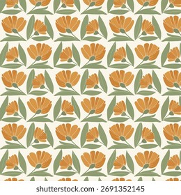  A cheerful and stylized repeating pattern of golden-yellow tulips with olive-green leaves, set against a light background, evoking a retro charm.
