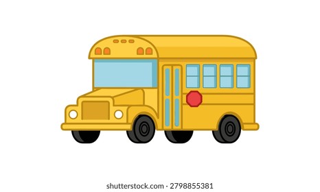 A cheerful, stylized vector illustration of a classic yellow school bus with a red stop sign and blue windows, ready for transportation.