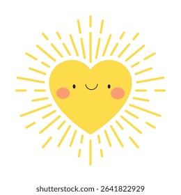 A cheerful, stylized yellow heart with a simple smile radiates sunshine. The heart features rosy cheeks and simple eyes, all against a crisp white backdrop.