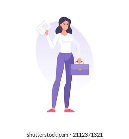 Cheerful successful business woman carrying formal partnership deal paper document with legal stamp vector flat illustration. Smiling young employee office female holding briefcase with contract