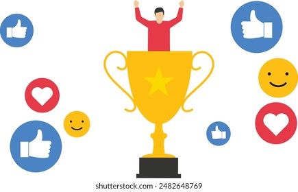 Alegres hombres de negocios exitosos con aplausos pulgares hacia arriba apreciación y trofeo. Recompensa a los empleados de alto rendimiento, reconocimiento o concepto de felicitación, buen trabajo o elogios al personal exitoso.