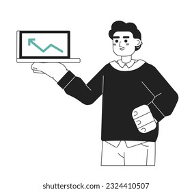 Cheerful successful man monochrome flat vector object. Financial operation, arrow up diagram Editable black and white thin line icon. Simple cartoon clip art spot illustration for web graphic design