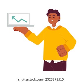 Cheerful successful man semi flat colorful vector character. Editable half body investor show chart profit arrow on laptop on white. Simple cartoon spot illustration for web graphic design