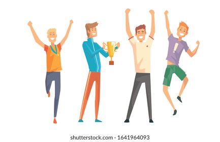 Cheerful Successful Men Characters Set, Sportsmen and Guys in Casual Clothes Celebrating Victory Vector Illustration