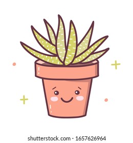Cheerful succulent in a pot.  Kawaii cartoon character isolated on a white background. Vector illustration.
