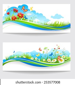 Cheerful summer banners with green grass and flowers