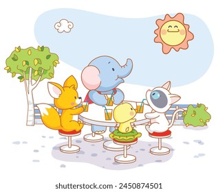 Alegre celebración del día de verano: Kawaii Lindos animales de dibujos animados - zorro, pollo, gato, elefante jugando en un parque - Ilustración vectorial aislada sobre fondo blanco”