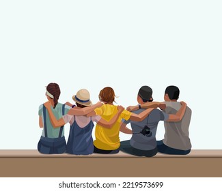 Cheerful summer day, a group of young girls and guys are sitting and hugging each other, they are friends. Free and happy people, the concept of friendship between men and women. Vector illustration.