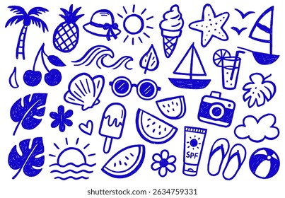 Cheerful summer doodles evoke a joyful, carefree beach vacation vibe and sunny days with tropical elements