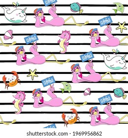 Cheerful summer flamingo, whale unicorn, sea inhabitants on a striped seamless pattern background. Vector illustration. T-shirt design for kids