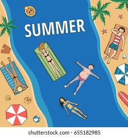 Cheerful summer poster. Top view of the beach, people bathe and sunbathe