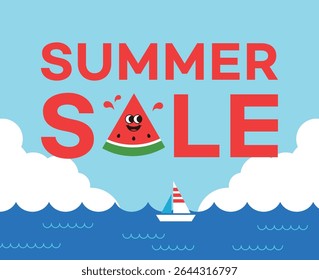 Cheerful summer sale banner with smiling watermelon character, playful red typography, and beach scene background featuring ocean waves and a sailboat.