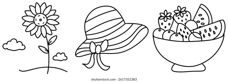 A cheerful summer scene featuring sunflower, stylish hat, and bowl of fresh fruit evokes joy and warmth