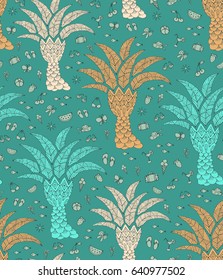 Cheerful summer seamless pattern with palm trees and vacation icons collection.